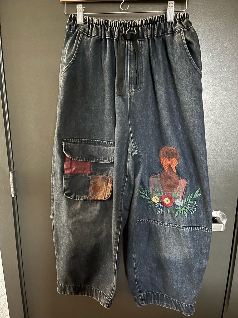 Wide Leg Embroidered Denim Pants with Patch Pocket - Black Wash